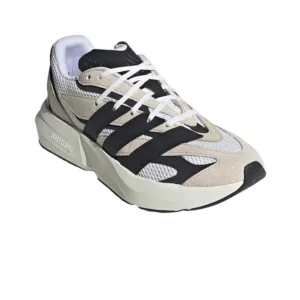 adidas Lightblaze shoe in Alumina beige with black 3-Stripes and a cream Lightstrike midsole, front three-quarter angle